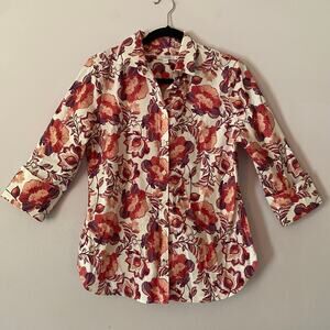 Chico's White Pink Floral Button Down Shirt 3/4 Sleeve Preppy Women size .5 / 6